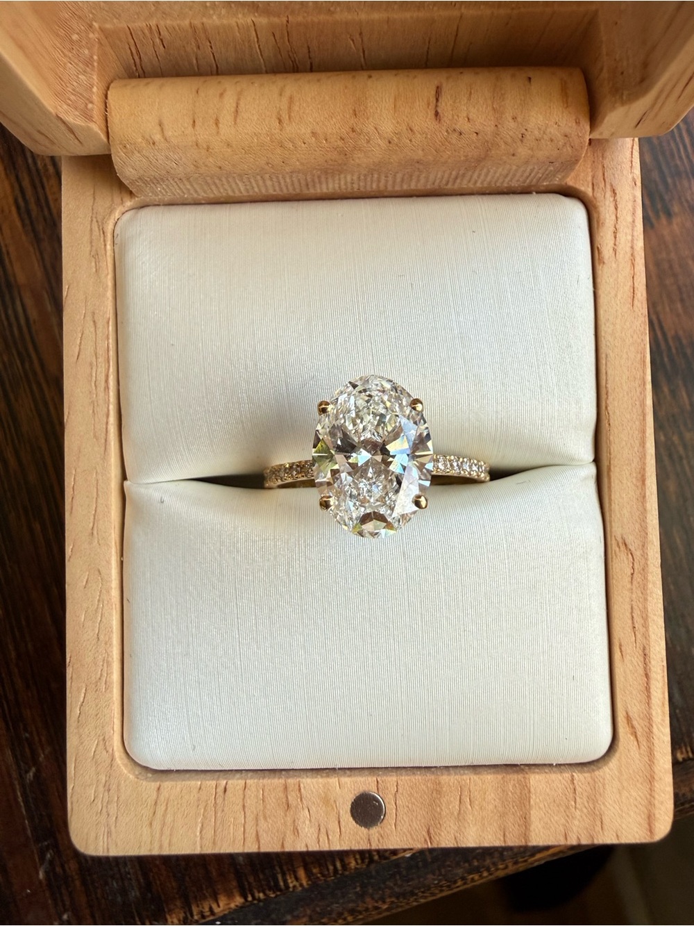 3.20 CTW - Oval Brilliant Lab Grown Diamond Ring, 18k Gold Half Pave Band IGI